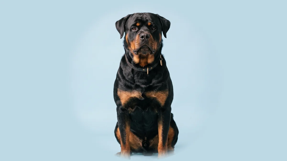Schwarzer Rottweiler mit rostbraunen Abzeichen sitzt vor hellblauem Studiogrund.
